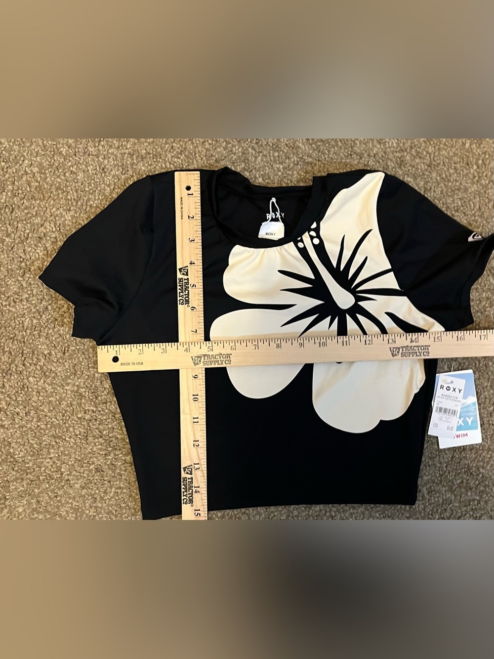 Roxy Pro Surf Black Crop Rash Guard Top with White Hibiscus size S - Picture 5 of 9